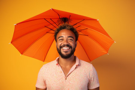 Portrait of a happy african american man with umbrella on yellow backgroundの素材