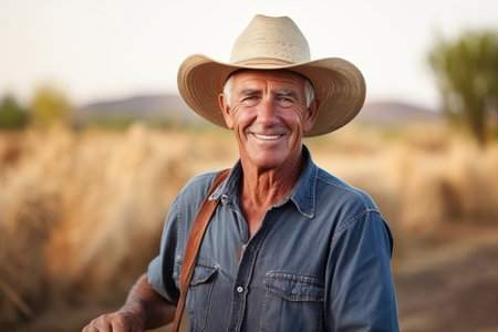 Portrait of a smiling senior man in cowboy hat standing in fieldの素材