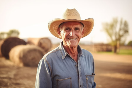 Portrait of smiling senior farmer standing with hay bales in backgroundの素材