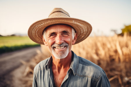 Portrait of happy senior farmer standing on field and looking at cameraの素材
