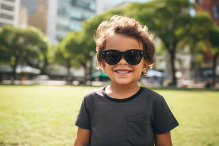 Portrait of a smiling little boy with sunglasses in the park.の素材