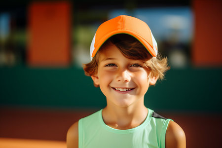 Portrait of a smiling boy in a cap on a tennis courtの素材