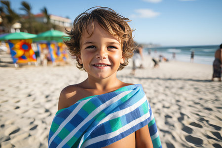 Portrait of a smiling boy wrapped in a towel on the beachの素材