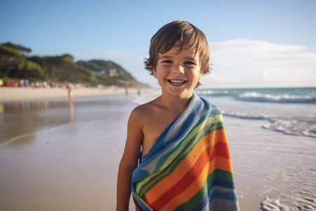 Portrait of smiling boy wrapped in towel at beach during sunny dayの素材