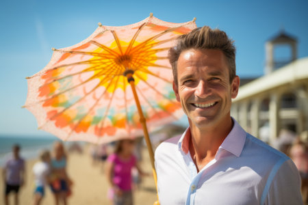 Portrait of smiling man with beach umbrella at seaside on a sunny dayの素材