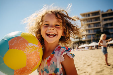 Cute little girl playing with a ball on the beach in summerの素材