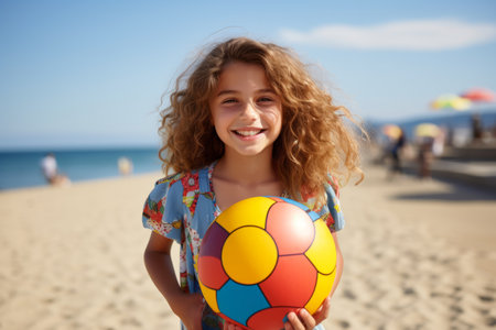 Portrait of a smiling little girl holding a soccer ball on the beachの素材