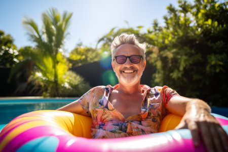 Portrait of smiling senior woman on inflatable ring in swimming poolの素材