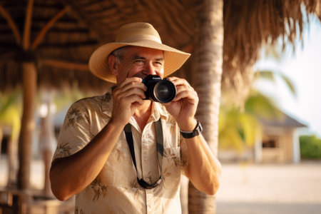 Portrait of senior man taking photos with camera on a tropical beachの素材