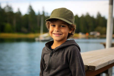 Portrait of a little boy in a cap and hoodie on a pierの素材