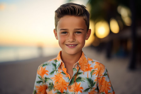 Portrait of a cute little boy on the beach at sunset.の素材
