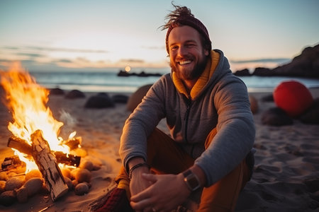 Young man sitting near bonfire on the beach at sunset. He is smiling.の素材
