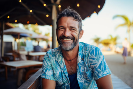 Portrait of a smiling mature man sitting in a cafe on the beachの素材