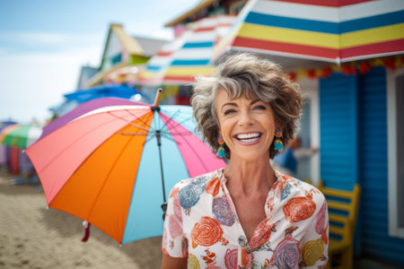 Portrait of happy senior woman with colorful umbrella at beach during sunny dayの素材