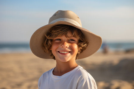Portrait of smiling little boy wearing hat on the beach at sunsetの素材