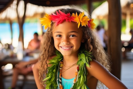 Portrait of a beautiful little girl in hawaiian costume outdoorsの素材