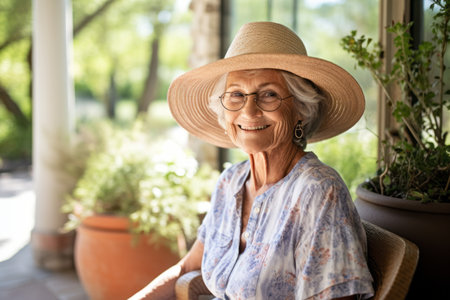 Portrait of smiling senior woman in straw hat sitting in terraceの素材