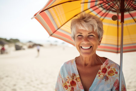 Portrait of smiling senior woman with umbrella at beach on a sunny dayの素材