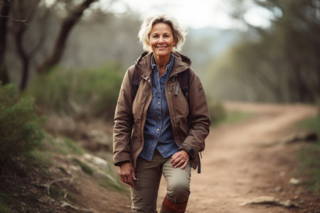 Mature woman hiking in the forest. Active senior woman hiking in nature.の素材