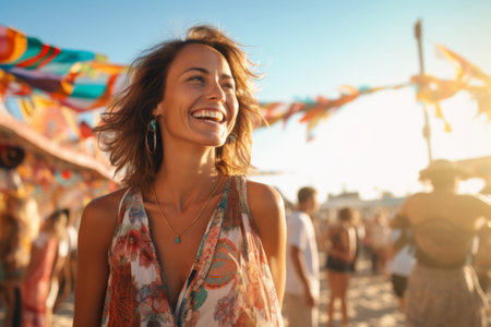 Portrait of a beautiful young woman smiling on the beach in summerの素材
