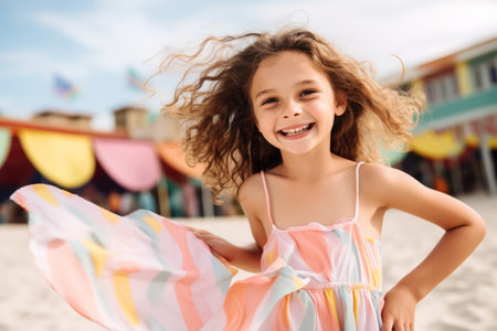 Portrait of a smiling little girl in dress posing on the beachの素材