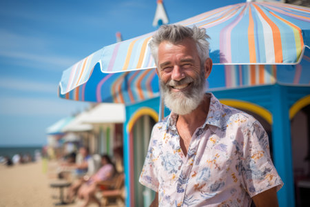Portrait of a happy senior man at the beach on a sunny dayの素材