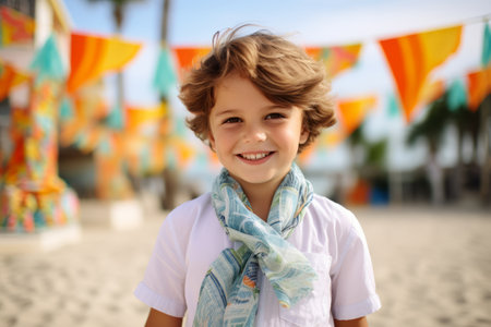 Portrait of a cute little boy on the beach in summertimeの素材