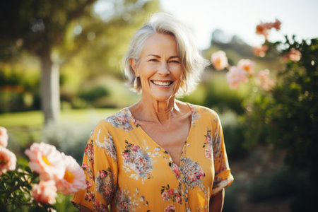 Portrait of a happy senior woman standing in the garden with flowersの素材