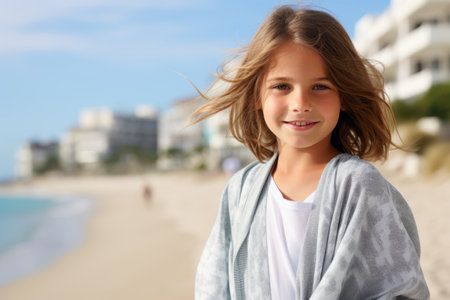 Portrait of a cute little girl with long hair at the beachの素材