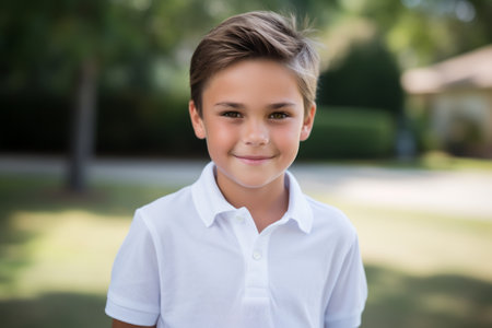 Portrait of smiling boy standing in the park on a sunny dayの素材