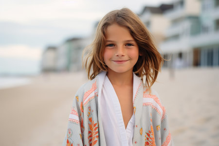 Portrait of a cute little girl with long hair on the beachの素材