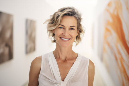 Portrait of smiling mature woman looking at camera in art gallery.の素材