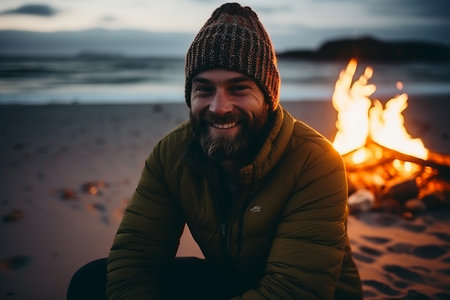 Smiling man sitting near bonfire on the beach at sunset.の素材