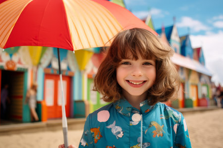 Portrait of a cute smiling little girl with umbrella on the beachの素材