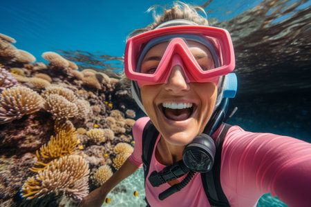 Portrait of happy woman with mask and snorkel underwater over coral reefの素材