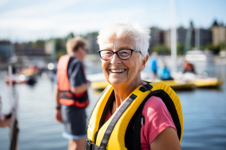 Senior woman in a life jacket and glasses on the embankment of the riverの素材