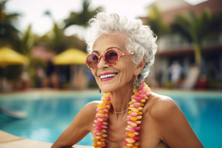 Portrait of happy senior woman in sunglasses standing by the swimming poolの素材