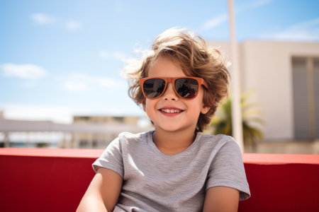 Portrait of a cute little boy in sunglasses sitting on the terraceの素材