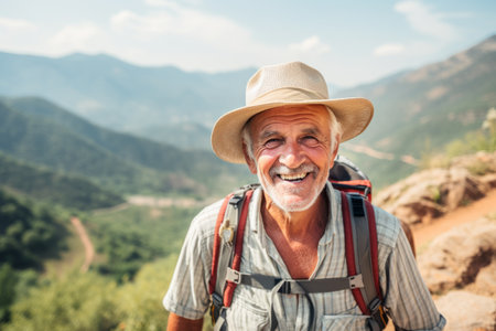 Senior man with hat and backpack hiking on a trail in the mountainsの素材