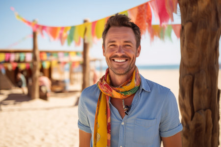 Portrait of smiling man with colorful scarf at beach during sunny dayの素材
