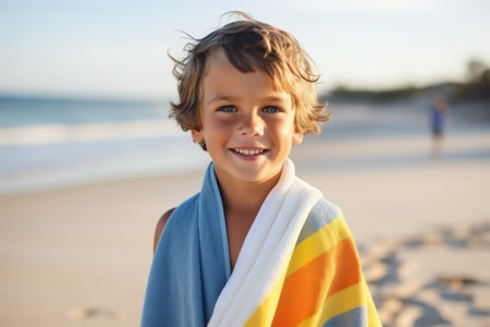 Portrait of smiling boy wrapped in towel on beach during sunny dayの素材