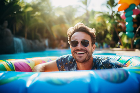 Portrait of smiling man in inflatable pool at tropical resort.の素材