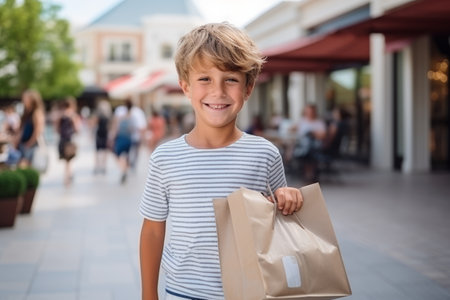 Portrait of a smiling boy holding paper bags in the shopping centerの素材