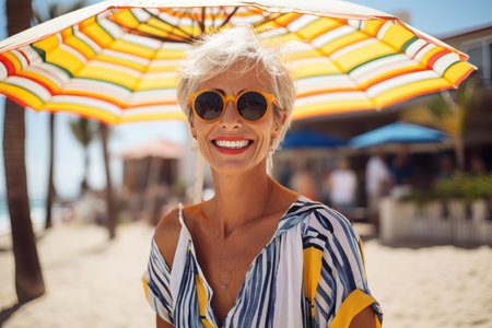 Close up portrait of a beautiful blonde woman in sunglasses on the beach with umbrellaの素材