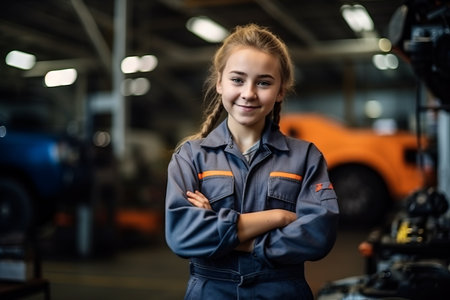 Portrait of young female mechanic standing with arms crossed in auto repair shopの素材