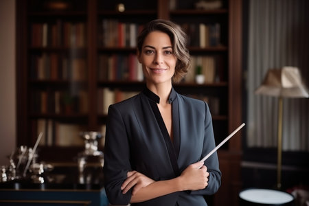 Portrait of a smiling businesswoman with a folder in her hands.の素材