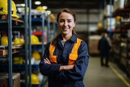 Portrait of smiling female warehouse worker standing with arms crossed in warehouseの素材