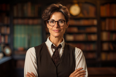 Portrait of a beautiful businesswoman with glasses standing in a libraryの素材