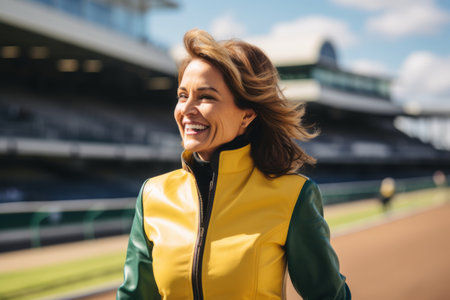 portrait of smiling woman in yellow jacket standing on tennis court and looking awayの素材