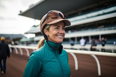 Portrait of smiling senior woman standing on a race track at the stadiumの素材